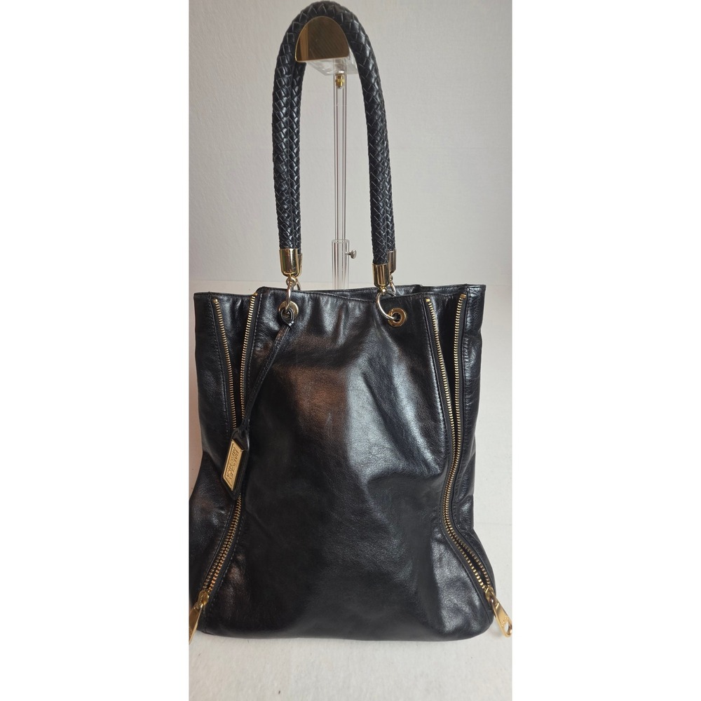 Badgley Mischka Black Leather Tote Bag Gold Zipper Braided Handle Boho Vintage